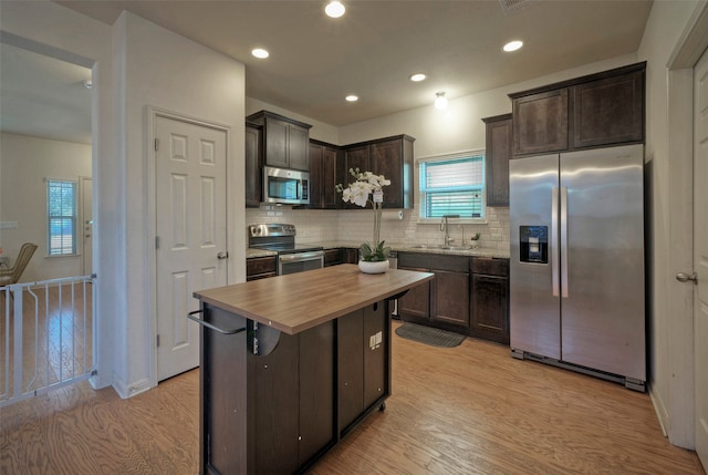 kitchen with butcher block counters, sink, a center island, appliances with stainless steel finishes, and decorative backsplash