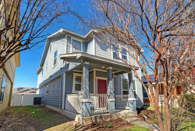 view of front of property featuring covered porch and central air condition unit