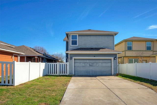 exterior space featuring a garage and a yard