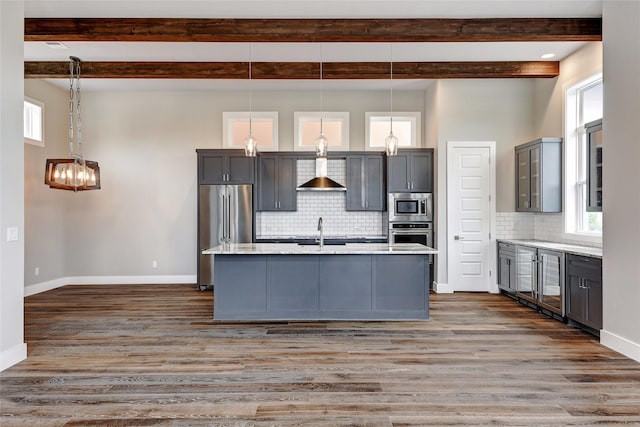 kitchen with decorative light fixtures, sink, gray cabinetry, backsplash, and stainless steel appliances