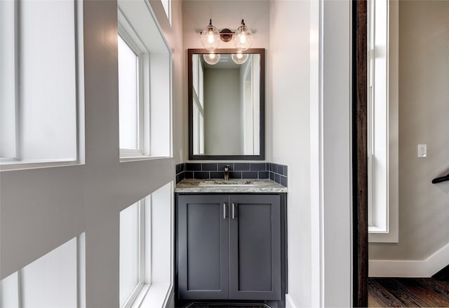 bathroom featuring hardwood / wood-style flooring, vanity, and a healthy amount of sunlight