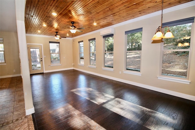 empty room with wood ceiling, dark hardwood / wood-style floors, crown molding, and an AC wall unit