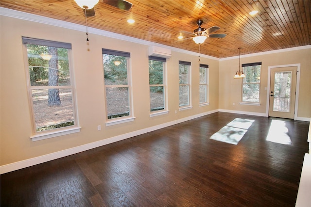 unfurnished room featuring wood ceiling, a wall mounted air conditioner, ornamental molding, dark hardwood / wood-style floors, and ceiling fan