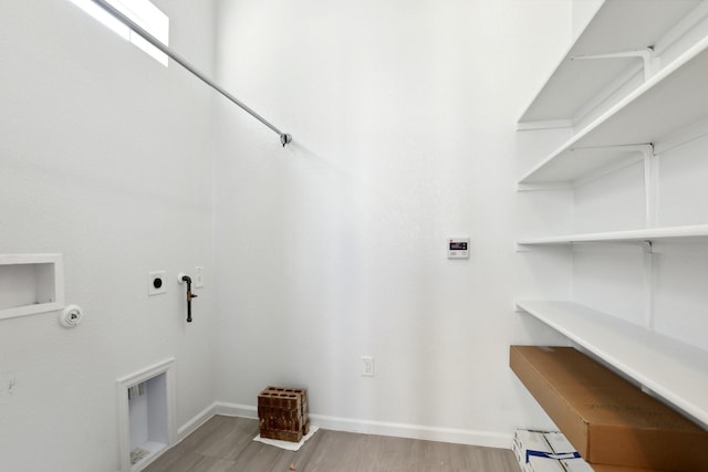 washroom with washer hookup, hookup for an electric dryer, hookup for a gas dryer, and light hardwood / wood-style flooring