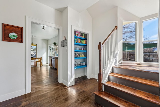 staircase featuring hardwood / wood-style flooring and built in features