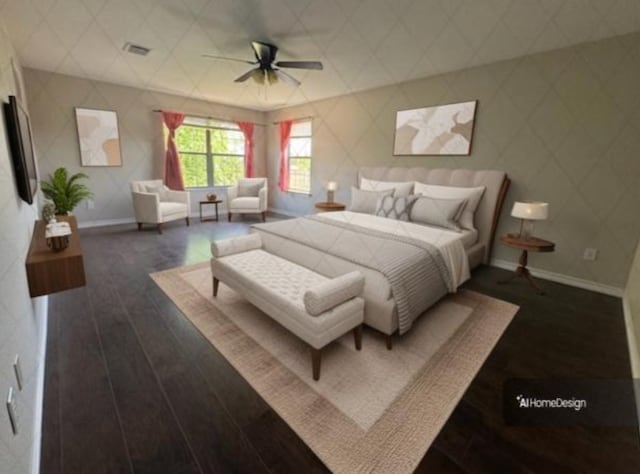 bedroom featuring ceiling fan, baseboards, and dark wood-style floors