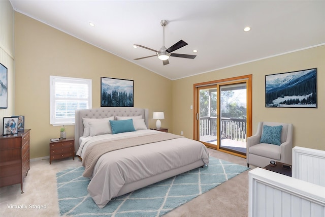 carpeted bedroom featuring ceiling fan, lofted ceiling, access to exterior, and ornamental molding