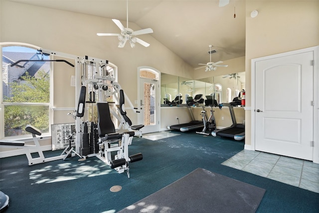 workout area featuring carpet floors, high vaulted ceiling, and ceiling fan