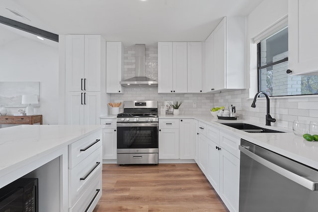 kitchen featuring white cabinetry, appliances with stainless steel finishes, wall chimney range hood, and backsplash