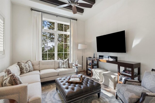 living room featuring a healthy amount of sunlight and ceiling fan