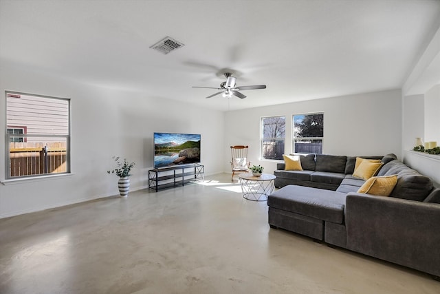 living room with ceiling fan