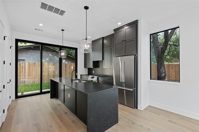 2010 Gathright Unit B, Austin, TX 78704 - kitchen with appliances with stainless steel finishes, dark countertops, light wood-style floors, pendant lighting, and a kitchen island with sink
