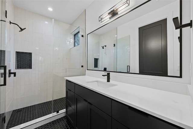 2010 Gathright Unit B, Austin, TX 78704 - bathroom with a stall shower, vanity, tile patterned flooring, and recessed lighting