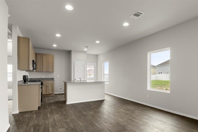 199 Lavender Ln, Elgin, TX 78621 - kitchen with a healthy amount of sunlight, visible vents, stainless steel gas stove, and dark wood-style floors