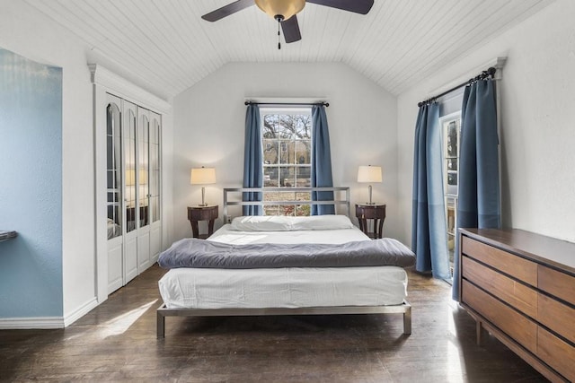 bedroom with lofted ceiling, dark wood-type flooring, wooden ceiling, and ceiling fan