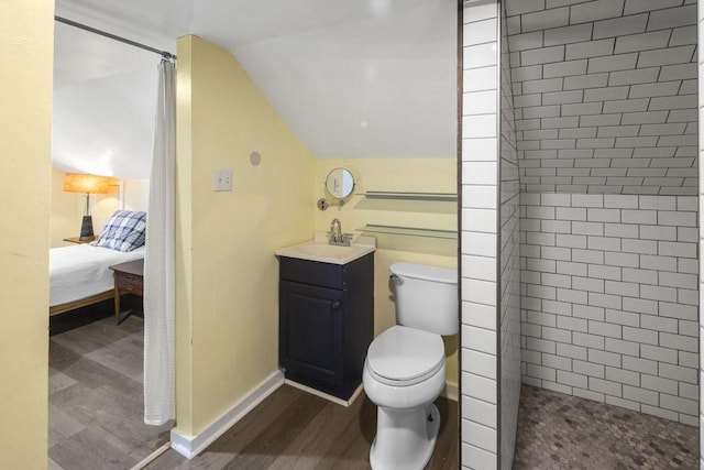 bathroom featuring a shower, lofted ceiling, hardwood / wood-style flooring, vanity, and toilet