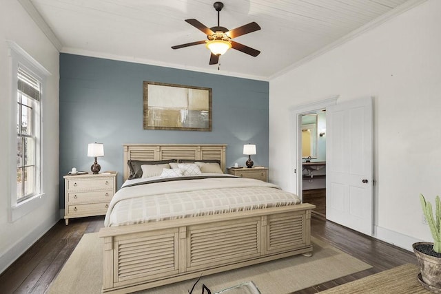 bedroom with ceiling fan, ornamental molding, and dark hardwood / wood-style flooring