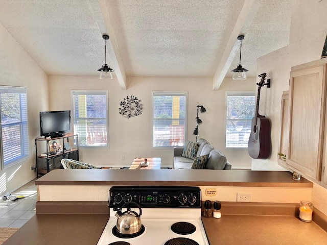 game room featuring beam ceiling, a wealth of natural light, and a textured ceiling