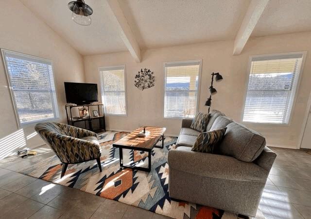 living room with lofted ceiling with beams and a textured ceiling