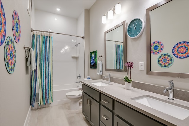 full bathroom with shower / bathtub combination with curtain, vanity, tile patterned floors, and toilet