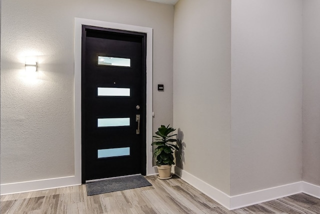 foyer with baseboards and wood finished floors