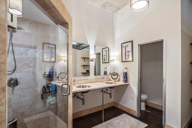 bathroom featuring a shower with door, sink, and toilet