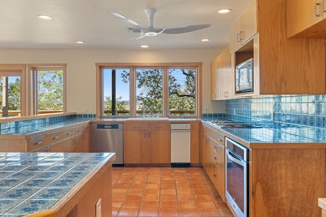 212 Comanche Cp, Kyle, TX 78640 - kitchen featuring stainless steel appliances, healthy amount of natural light, recessed lighting, ceiling fan, and tasteful backsplash