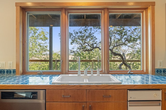 kitchen featuring dishwasher, sink, and tile countertops