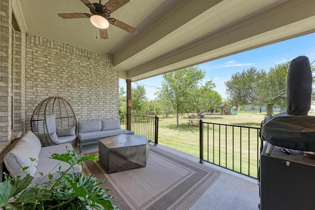 104 Black Talon Ln, Cedar Creek, TX 78612 - wooden deck with outdoor lounge area, ceiling fan, a playground, and a lawn