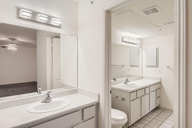 bathroom with vanity, tile patterned floors, toilet, and ceiling fan