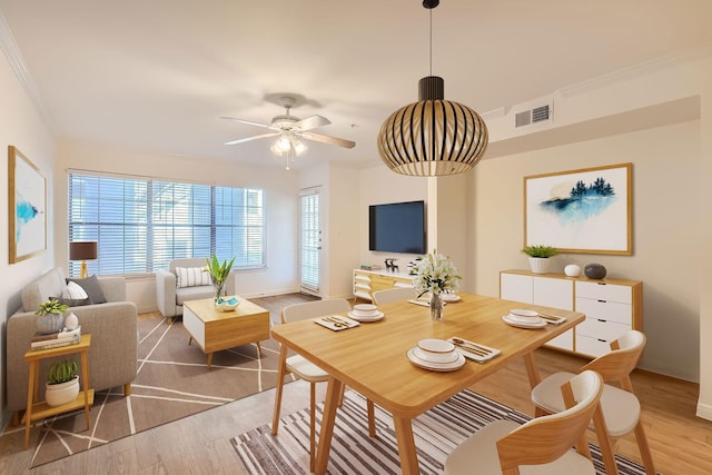 dining space featuring crown molding, ceiling fan, and light hardwood / wood-style flooring