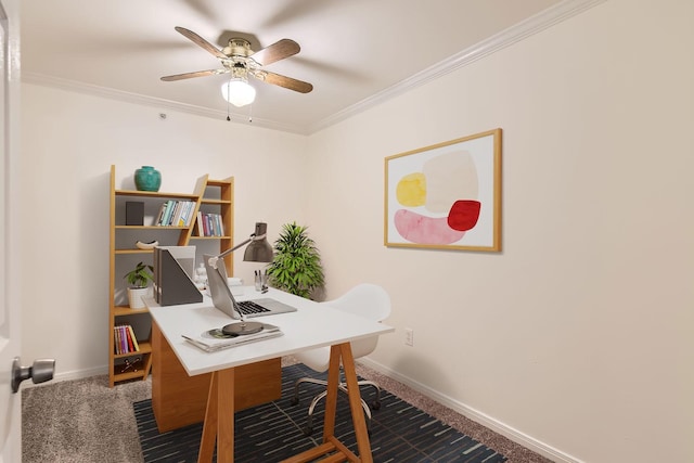 carpeted home office with crown molding and ceiling fan