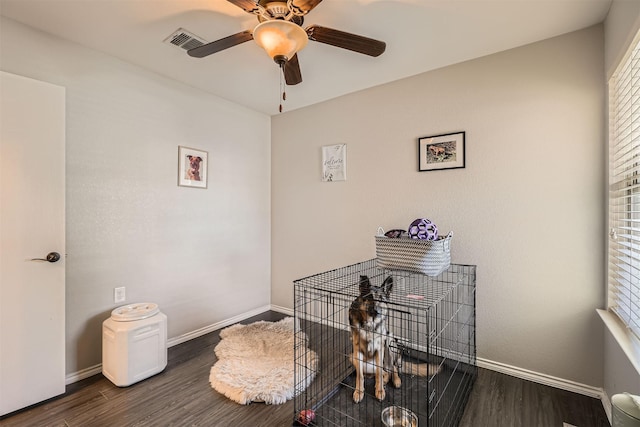 interior space with a healthy amount of sunlight, dark hardwood / wood-style floors, and ceiling fan