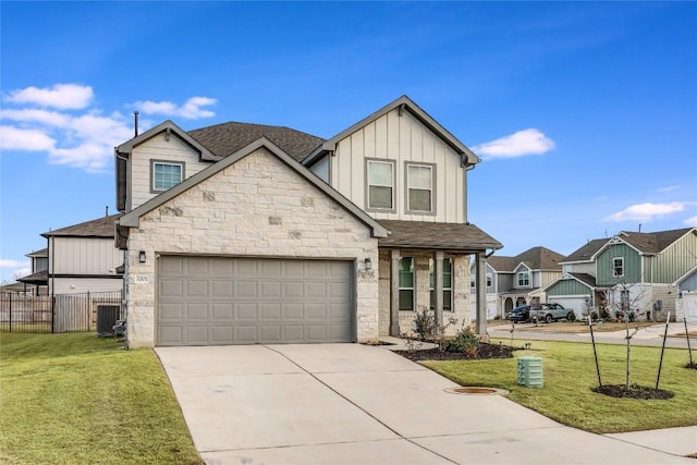 7001 Lewiston Way, Austin, TX 78724 - view of front facade with stone siding, concrete driveway, board and batten siding, an attached garage, and a shingled roof