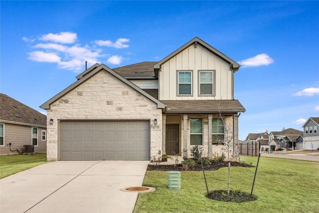 7001 Lewiston Way, Austin, TX 78724 - view of front of house with board and batten siding, concrete driveway, a garage, a front lawn, and stone siding