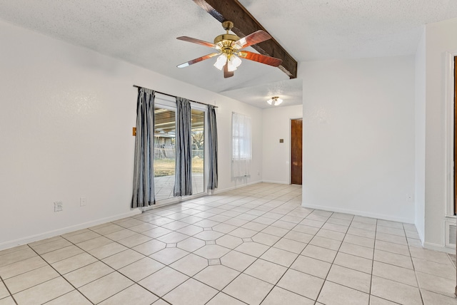 spare room featuring lofted ceiling with beams, ceiling fan, and a textured ceiling