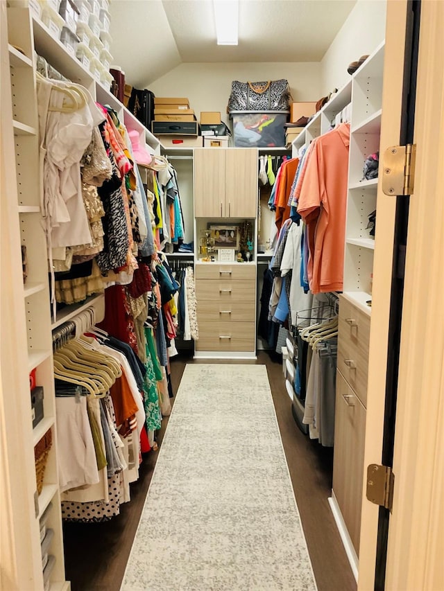 spacious closet featuring vaulted ceiling and dark wood-type flooring