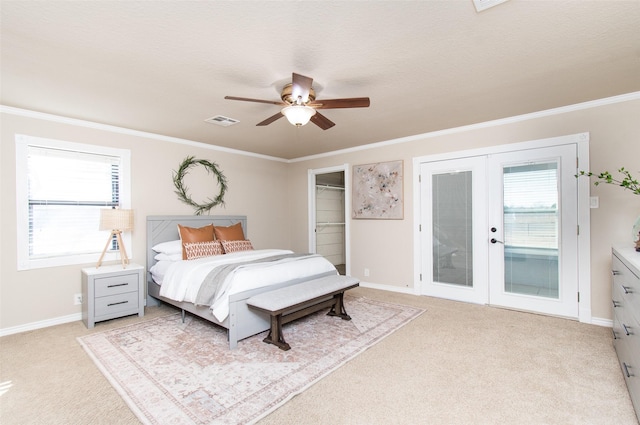 bedroom with access to exterior, ornamental molding, light colored carpet, and ceiling fan