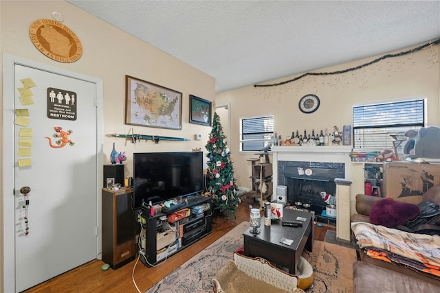 living room featuring hardwood / wood-style flooring, a fireplace, and a textured ceiling