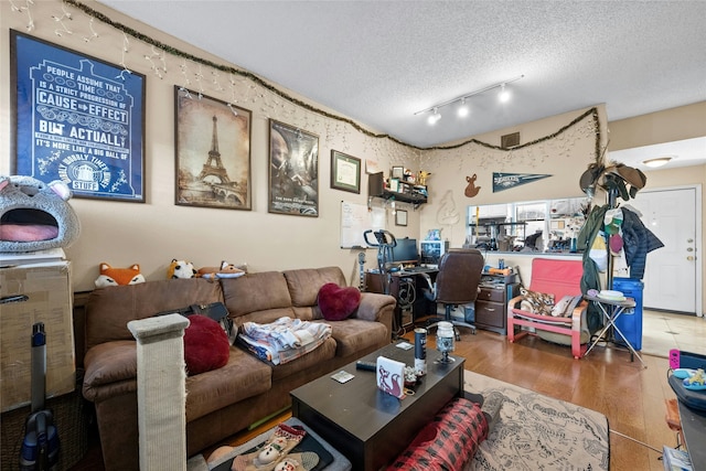 living room with wood-type flooring, rail lighting, and a textured ceiling