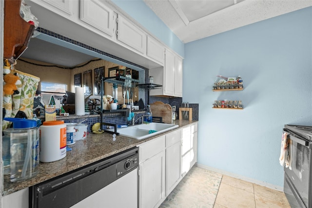 kitchen with electric stove, dishwasher, sink, and white cabinets