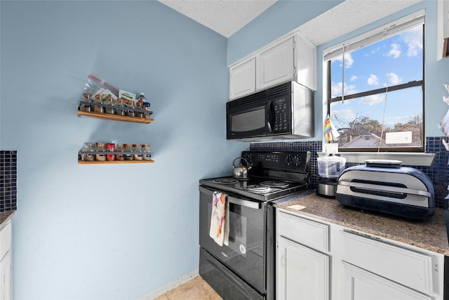 kitchen featuring black appliances, a textured ceiling, light tile patterned floors, decorative backsplash, and white cabinets