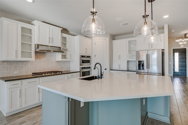 125 Serene Hilltop Cir, Austin, TX 78738 - kitchen with appliances with stainless steel finishes, under cabinet range hood, a sink, a spacious island, and tasteful backsplash