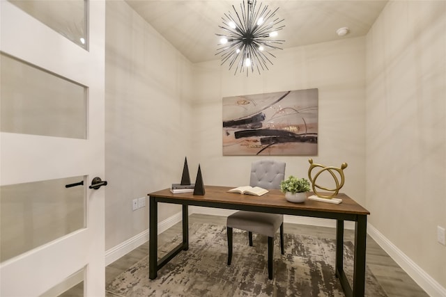125 Serene Hilltop Cir, Austin, TX 78738 - office area with a chandelier, wood finished floors, and baseboards