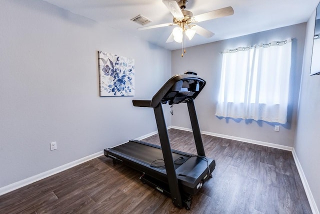 exercise room featuring dark hardwood / wood-style floors and ceiling fan