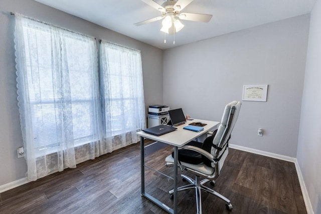 home office with dark hardwood / wood-style flooring and ceiling fan