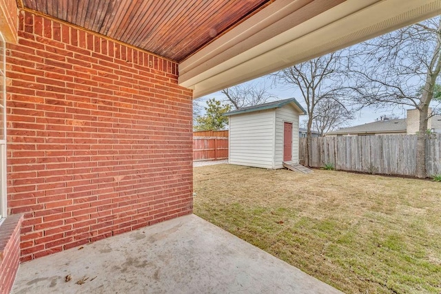 view of yard with a patio area and a storage shed