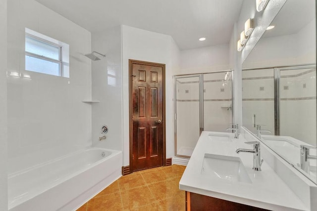 bathroom with vanity, separate shower and tub, and tile patterned flooring