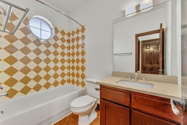 full bathroom featuring shower / tub combination, vanity, toilet, and tile patterned floors