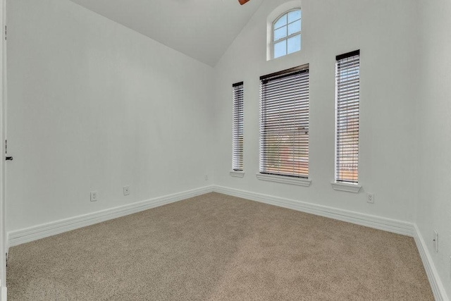 carpeted spare room with high vaulted ceiling and a healthy amount of sunlight